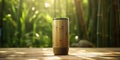 AI generated illustration of a bamboo tumbler standing tall on a rustic wooden table