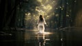 Baptism. Woman in white long dress standing in the lake in the forest.