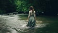 Baptism. Young woman in a long dress standing in water in the forest