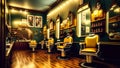 AI generated illustration of a barber shop with bright yellow barber chairs