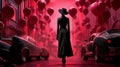 AI generated illustration of a Barbie dressed in black coat, walking in a pink street with balloons