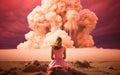 AI generated illustration of Barbie sitting in a background of atomic explosion of Oppenheimer