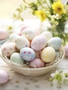 AI generated illustration of a basket of colored Easter eggs with a flower backdrop Royalty Free Stock Photo