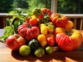 AI generated illustration of a basket filled with an assortment of red, yellow, and green tomatoes