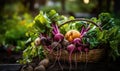 AI generated illustration of a basket filled with freshly harvested radishes in a lush green lawn