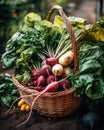 AI generated illustration of a basket filled with freshly harvested radishes in a lush green lawn