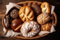 AI generated illustration of a basket filled with a variety of freshly baked bread