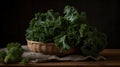 a basket of fresh Curly kale on top of a linen table