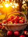 AI generated illustration of A basket of fresh, red apples illuminated by a bright beam of sunlight Royalty Free Stock Photo