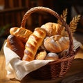 AI generated illustration of a basket of freshly baked bread on a wooden table