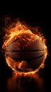 AI generated illustration of a basketball engulfed in flames against a black background