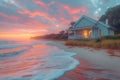 AI generated illustration of a beachfront house at sunset