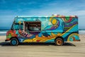 AI generated illustration of a beachside food truck parked by water or sand Royalty Free Stock Photo