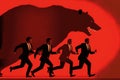 AI generated illustration of a bear chasing running businessmen on a red background