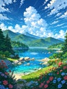 AI generated illustration of a beautiful anime-style painting of a vast and breathtaking landscape