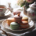 AI generated illustration of a beautiful arrangement of macarons presented on a table