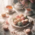AI generated illustration of a beautiful arrangement of macarons presented on a table