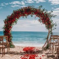 AI generated illustration of a beautiful beach wedding arch set up for a romantic ceremony Royalty Free Stock Photo