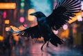 a black crow flying through the night with its wings spread out