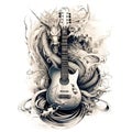 AI generated illustration of a beautiful black electric guitar with an ornate, colorful dragon