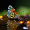 AI generated illustration of a beautiful butterfly near a puddle in a forest