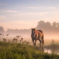 AI generated illustration of a beautiful chestnut horse galloping in the green field