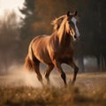 AI generated illustration of a beautiful chestnut horse gallops gracefully through a field