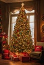 A beautiful Christmas tree, extremely tall, colorful and full of lights, is full of gifts at the foot of it.