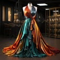 AI generated illustration of a beautiful colorful gown on a mannequin