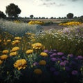 AI generated illustration of beautiful dandelions and wild flowers in the field at daytime