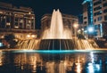 AI-generated illustration of a beautiful fountain with the nighttime city skyline in the background