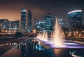 AI-generated illustration of beautiful fountains with the nighttime city skyline in the background