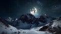 AI generated illustration of a full moon illuminates the snow-capped mountain range in the night sky Royalty Free Stock Photo