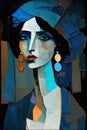 AI generated illustration of a beautiful gypsy in a cubist style painting