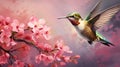 AI-generated illustration of a beautiful hummingbird hovering near a branch with pink flowers Royalty Free Stock Photo