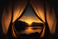 AI generated illustration of a beautiful lake and mountains at sunset seen from a tent