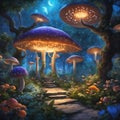 AI generated illustration of a beautiful landscape featuring an illuminated pathway of mushrooms