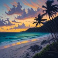 AI generated illustration of a beautiful landscape of a picturesque beach scene during sunset