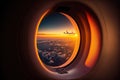AI generated illustration of beautiful landscape at sunset seen from a plane window - travel concept