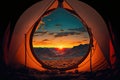 AI generated illustration of a beautiful landscape at sunset seen from a tent