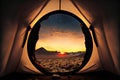 AI generated illustration of a beautiful landscape at sunset seen from a tent