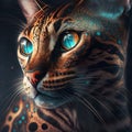 AI generated illustration of a beautiful leopard cat with glowing blue orange eyes Royalty Free Stock Photo