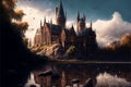 AI generated illustration of a beautiful magical castle near a moat and overhead flying dragons