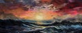 AI generated illustration of a beautiful painting of a dramatic ocean sunset with waves crashing