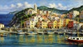 AI generated illustration of A beautiful painting of a tranquil harbor with several boats Royalty Free Stock Photo