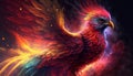 AI generated illustration of a beautiful phoenix soaring through sky illuminated by a vibrant sunset