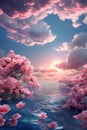 beautiful pink flowers floating under clouds near the ocean and water Royalty Free Stock Photo