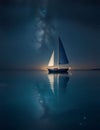 a sailing boat at night with the moon in the background Royalty Free Stock Photo