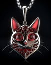 AI generated illustration of a beautiful silver charm in the shape of a cat with a red gemstone
