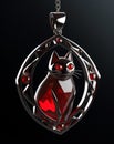 AI generated illustration of a beautiful silver charm in the shape of a cat with a red gemstone